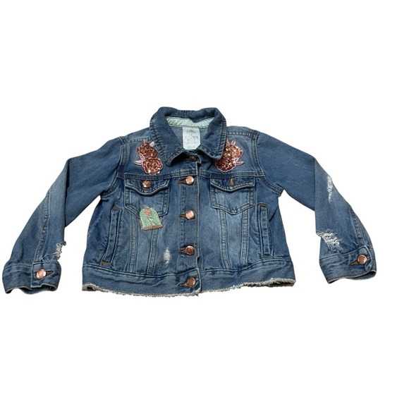 Disney Girl's Size 4 Princess Belle Denim Jacket Distressed Applique Sequins Y2K - Picture 2 of 6